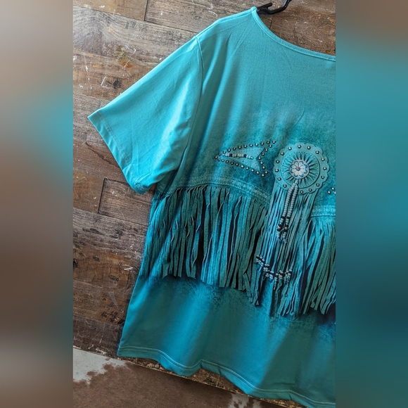 New Turquoise Green Faux Fringe Look Tee - Picture 11 of 15